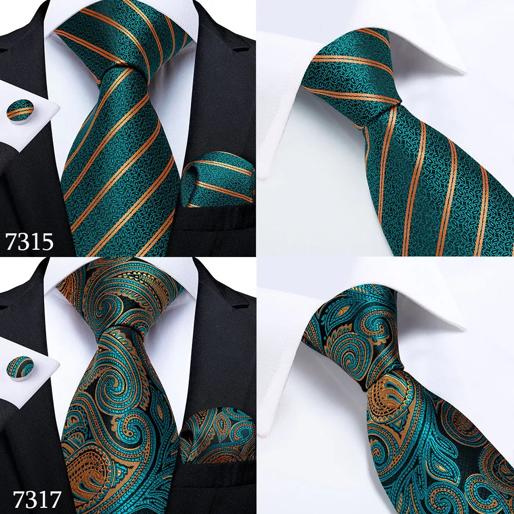 DiBanGu Green Teal Ties For Men Hanky Cufflinks Set 17 Styles Necktie For Male Business Wedding Party Mens Ties New Arrival Tie