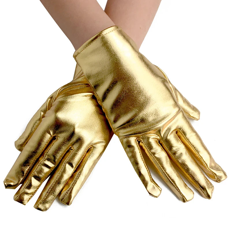 Unisex Gloves Sexy Etiquette Gloves Fake Leather Metallic Gloves Evening Party Performance Mittens Patent Leather Silver Gold