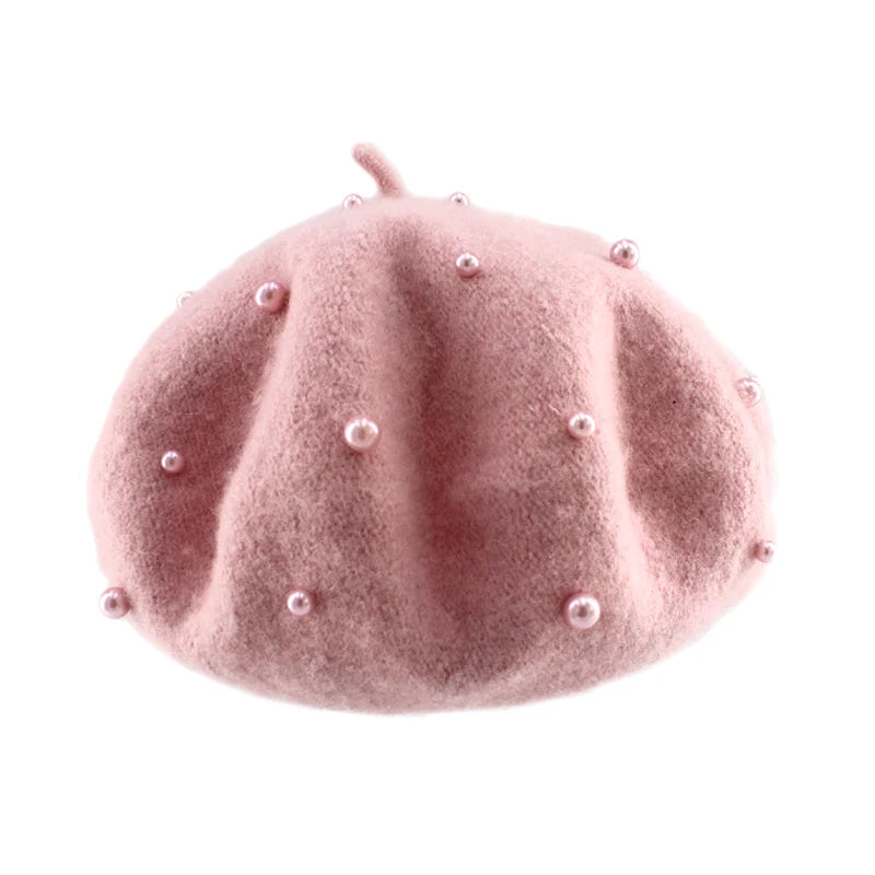 Wool Kids Winter Hat for Girls Retro Baby Beret Hats with Pearls Autumn Winter Kids Cap for Children Accessories 2-6Y