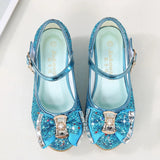 Princess Kids Leather Shoes for Girls Flower Casual Glitter Children High Heel Girls Shoes Butterfly Knot Blue Pink Silver