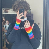 Elbow Length Fingerless Gloves Rainbow Arm Sleeve Warmer Rainbow Striped Knitted Sunscreen Halloween Costume Fingerless Mittens