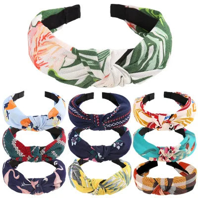 Women Elegant Top Knot Headband Print Dot Hairbands Girls Striped Plaid Flower Hair Hoop Fashion Hair Accessories FG0320