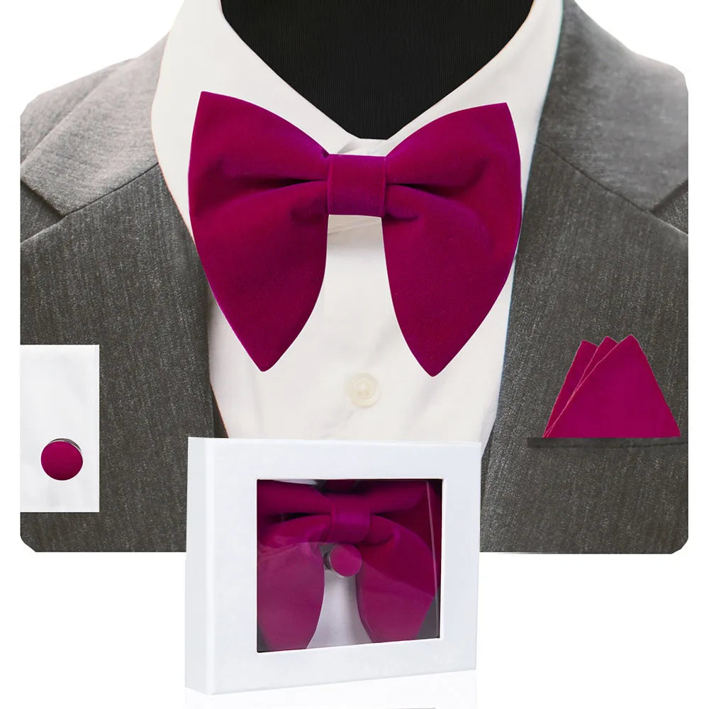 GUSLESON Velvet Big Bow Tie Men's Bowties Pocket Square Cufflinks Set with Gift Box Solid Red Yellow Necktie For Man Wedding