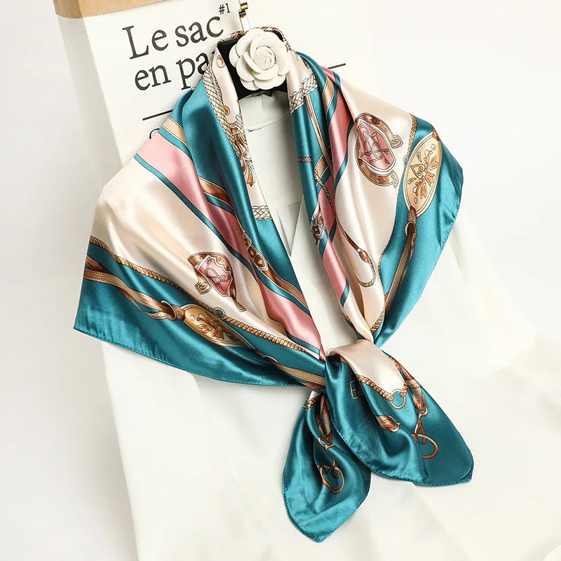 Handkerchiefs Hair Silk Scarf 90*90cm Print Satin Big Square Silk Scarves Shawls for Women Luxury Brand Designer Hijab Headband