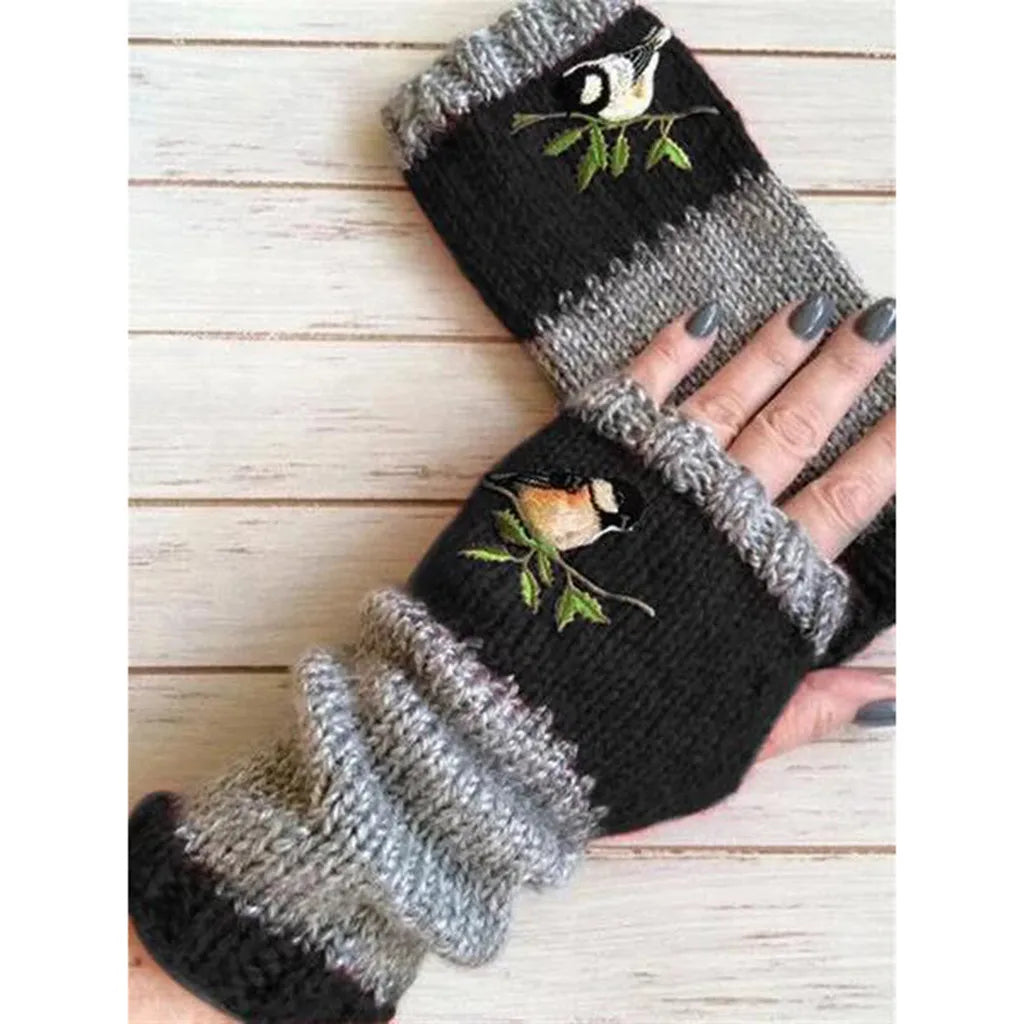 Fashion Women Cycling Gloves Winter Outdoor Keep Warm Gloves Knit Gloves Warm Plus Velvet Thick bird Embroidered Outdoor Glove