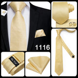 Hi-Tie Solid Gold Yellow Silk Ties For Men Handky Cufflinks Set Fashion Gift For Men's Tie Wedding Business Necktie