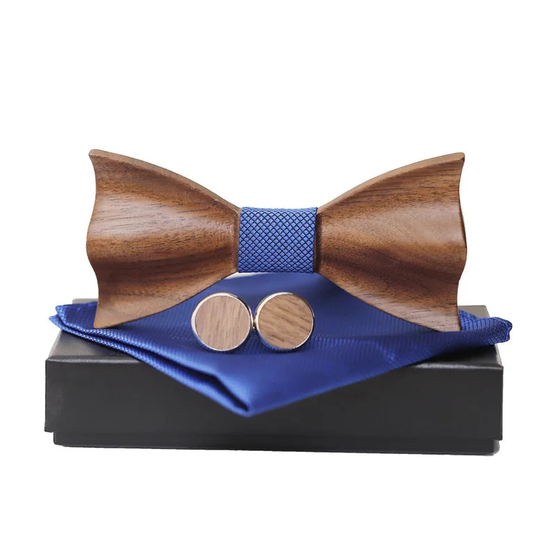 Wooden Bow Tie Handkerchief Cufflinks Set Men's Plaid Bowtie Wood Hollow carved cut out design with Gift Box Fashion Novelty tie