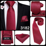 Hi-Tie Mens Gift Tie Set Red Wine Burgundy Paisley Silk Wedding Tie For Men Fashion Design Quality Hanky Cufflink Dropshipping