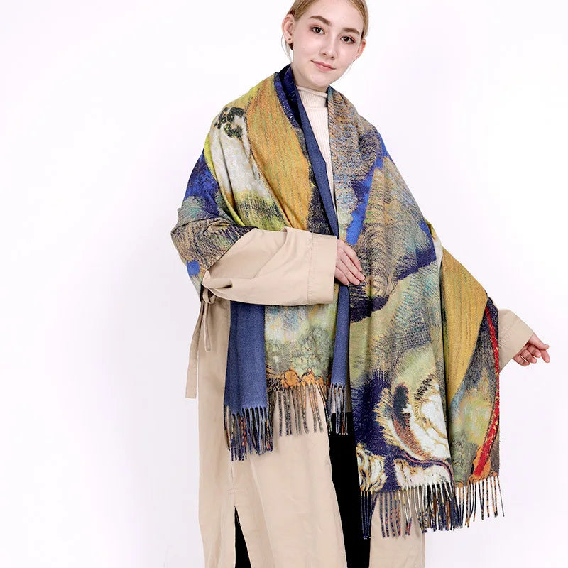 Fashion Oil Painting Scarf Women Winter Warm Van Gogh  Painting Tassel Scarves Unique Luxury Long Print Wraps Shawl