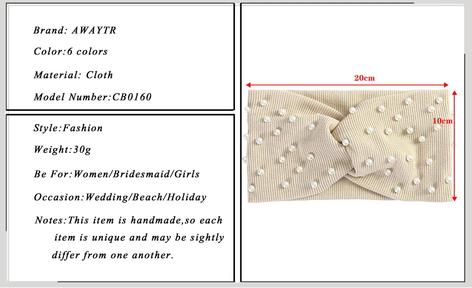 AWAYTR Women's Headbands Pearls Head Bands Knitted Turban Bandana Autumn Winter Elastic Hairband Warm Hair Accessories Headdress