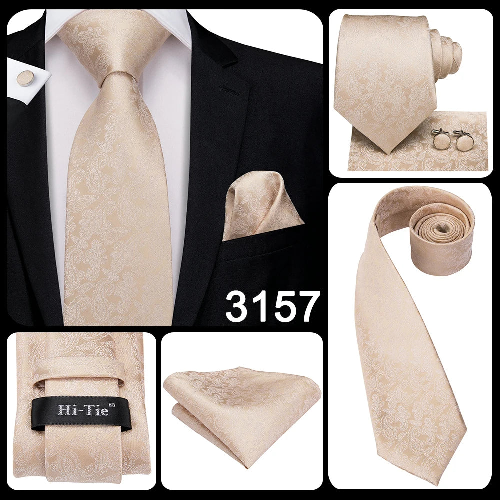 Hi-Tie Solid Champagne Ivory Floral Design Silk Wedding Tie For Men Quality Hanky Cufflink Fashion Nicktie Business Dropshipping