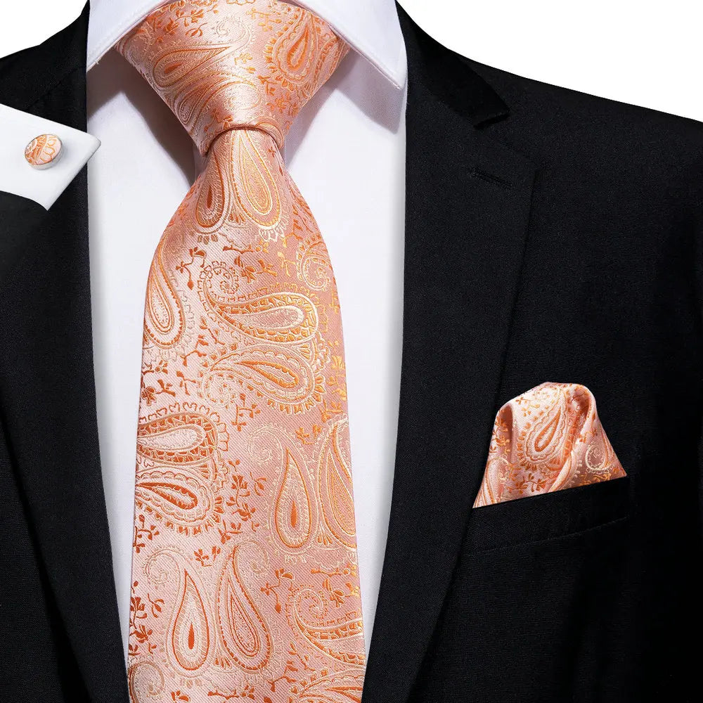 Hi-Tie Luxury Gold Orange Striped Paisley Silk Wedding Tie For Men Hanky Cufflink Gift Mens Necktie Business Party Dropshipping