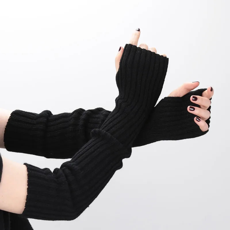 Women Fine Long Knitted Fingerless Gloves Over Elbow Arm Warmers Casual Sleeves Punk Soft Female Goth Lolita Accessories Gloves