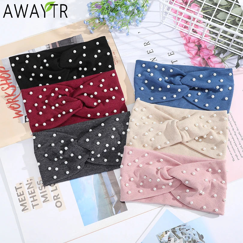 AWAYTR Women's Headbands Pearls Head Bands Knitted Turban Bandana Autumn Winter Elastic Hairband Warm Hair Accessories Headdress