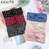 AWAYTR Women's Headbands Pearls Head Bands Knitted Turban Bandana Autumn Winter Elastic Hairband Warm Hair Accessories Headdress