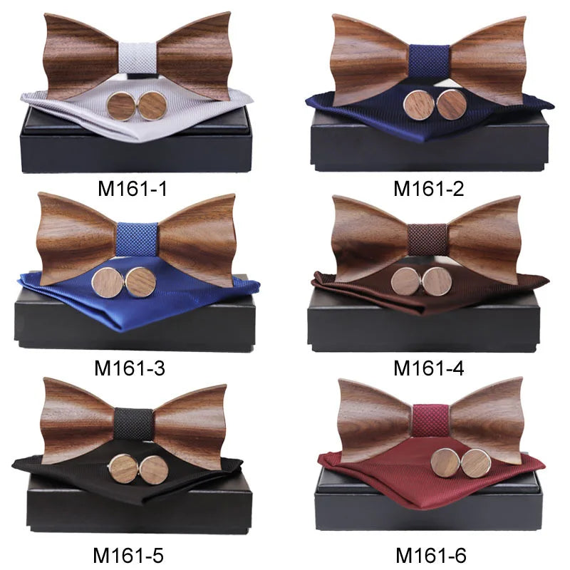 Wooden Bow Tie Handkerchief Cufflinks Set Men's Plaid Bowtie Wood Hollow carved cut out design with Gift Box Fashion Novelty tie