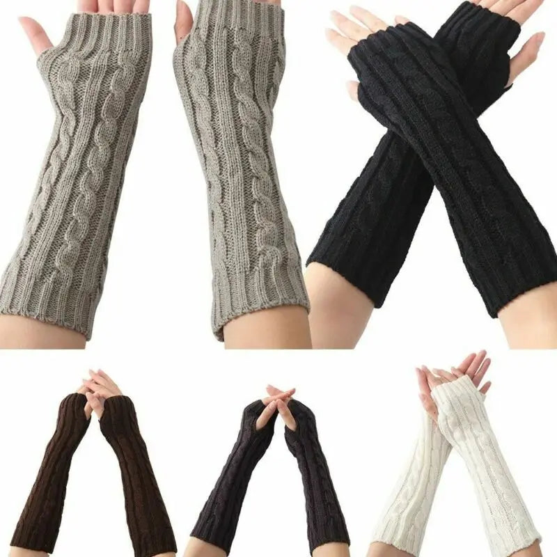 1 Pair Soft Elastic Wrist Hands Warm Knitted Women Mittens Winter Long Fingerless Arm Warmers Black Gray Coffee