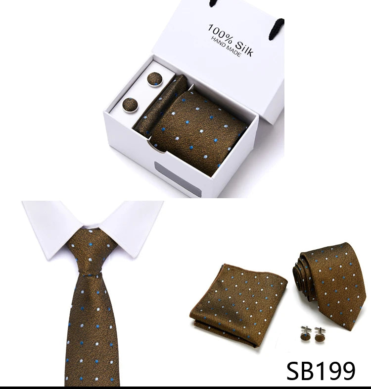 Brand 100% Silk Ties Gift box Office  Men Classic Party Wedding striped 7.5cm Silk Wedding  Floral Tie Necktie Handkerchief Set