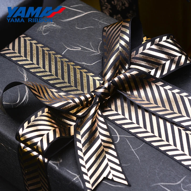 YAMA 10yards/roll Gold Foil Printed Black Ribbon 16 22 25 38 mm Noble Satin Ribbons for Gift Packaging Decoration DIY Craft