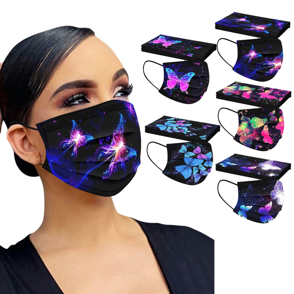 50pcs Mask Adult Net Yarn Flowers Four-Layer Disposable Protective Printing Mask Mouth Face Mask Breathable Earloops