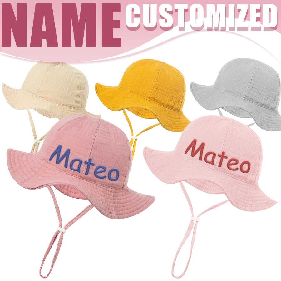 Embroidered Name Breathable Kids Wide Brim Sun Hat With Adustable Chin Strap Suitable For Summer And Beach