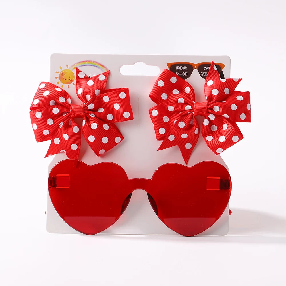 3Pcs/set Cute Solid Kids Dot Hairpin Colorful Heart Sun Glasses Set Girls Boutique Bowknot Hair Clips Children Hair Accessories