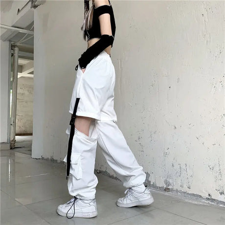 Streetwear Spring Summer Cargo Pants Women Harajuku Slim Punk Ribbons Joggers Elastic Waist Ankle-Length Trousers For Girls