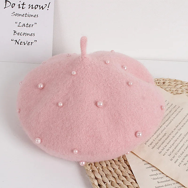 Wool Kids Winter Hat for Girls Retro Baby Beret Hats with Pearls Autumn Winter Kids Cap for Children Accessories 2-6Y