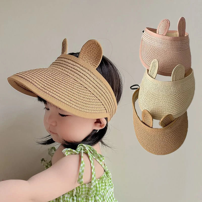 Lovely Bear Ears Empty Top Hat Baby Straw Cap Children Long Brim Sun Visors Kids Adjustable Summer Beach Bonnet Boy Girl Props