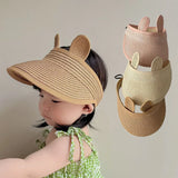 Lovely Bear Ears Empty Top Hat Baby Straw Cap Children Long Brim Sun Visors Kids Adjustable Summer Beach Bonnet Boy Girl Props