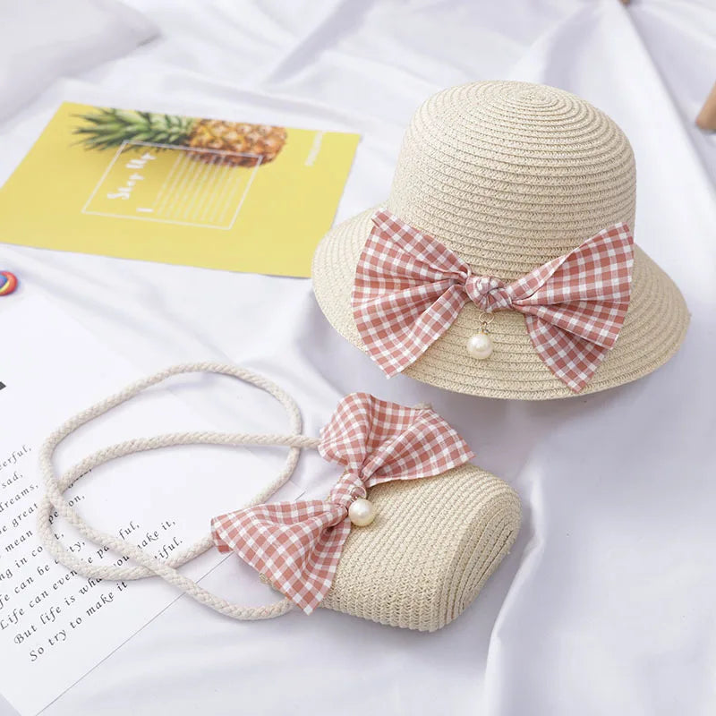 Summer Baby Straw Hat With Handbag Flower Breathable Beach Hat Bags Kids Hat Boy Girls Sun Visor UV protection panama Hat gorras