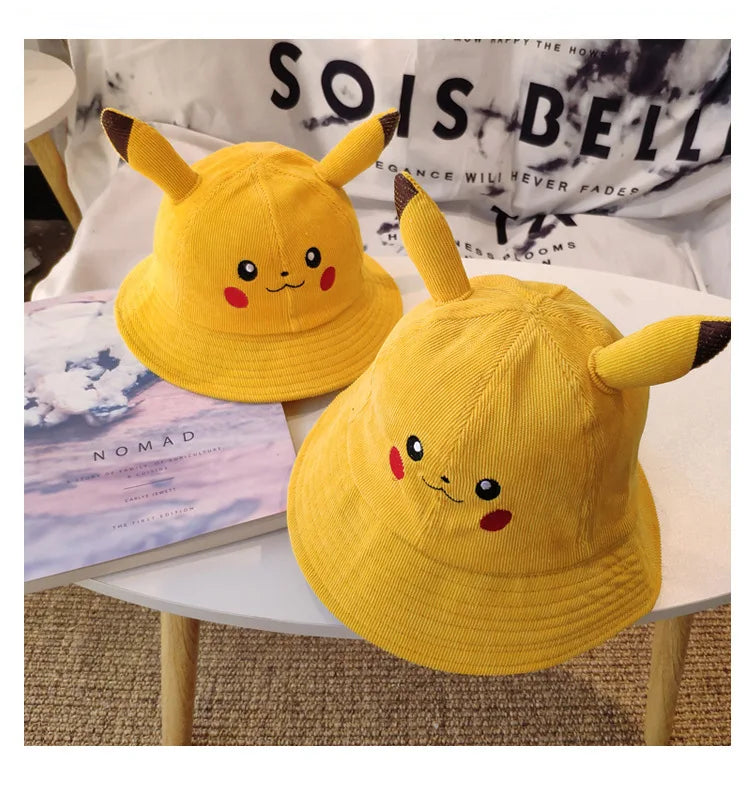 Anime Pika Bucket Hat Sun Hat with Ear Cute Cartoon Wide Brim Fisherman Beach Outdoor Baseball Hat Cap for Adult Kids Child