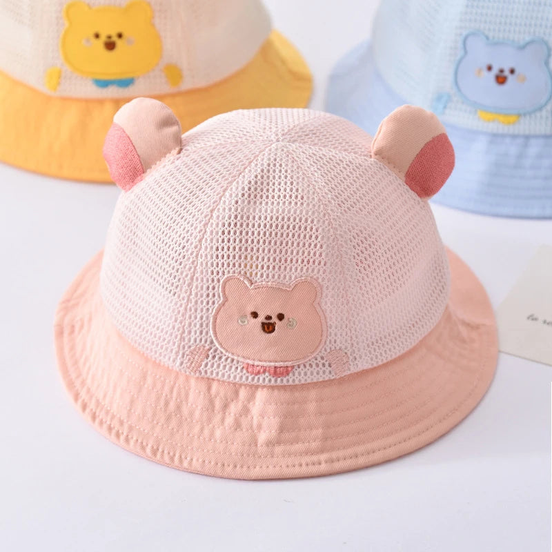 Summer Breathable Mesh Baby Hat Cute Bear Infant Boy Girl Bucket Hats Korean Cartoon Toddler Kids Casual Fisherman Cap
