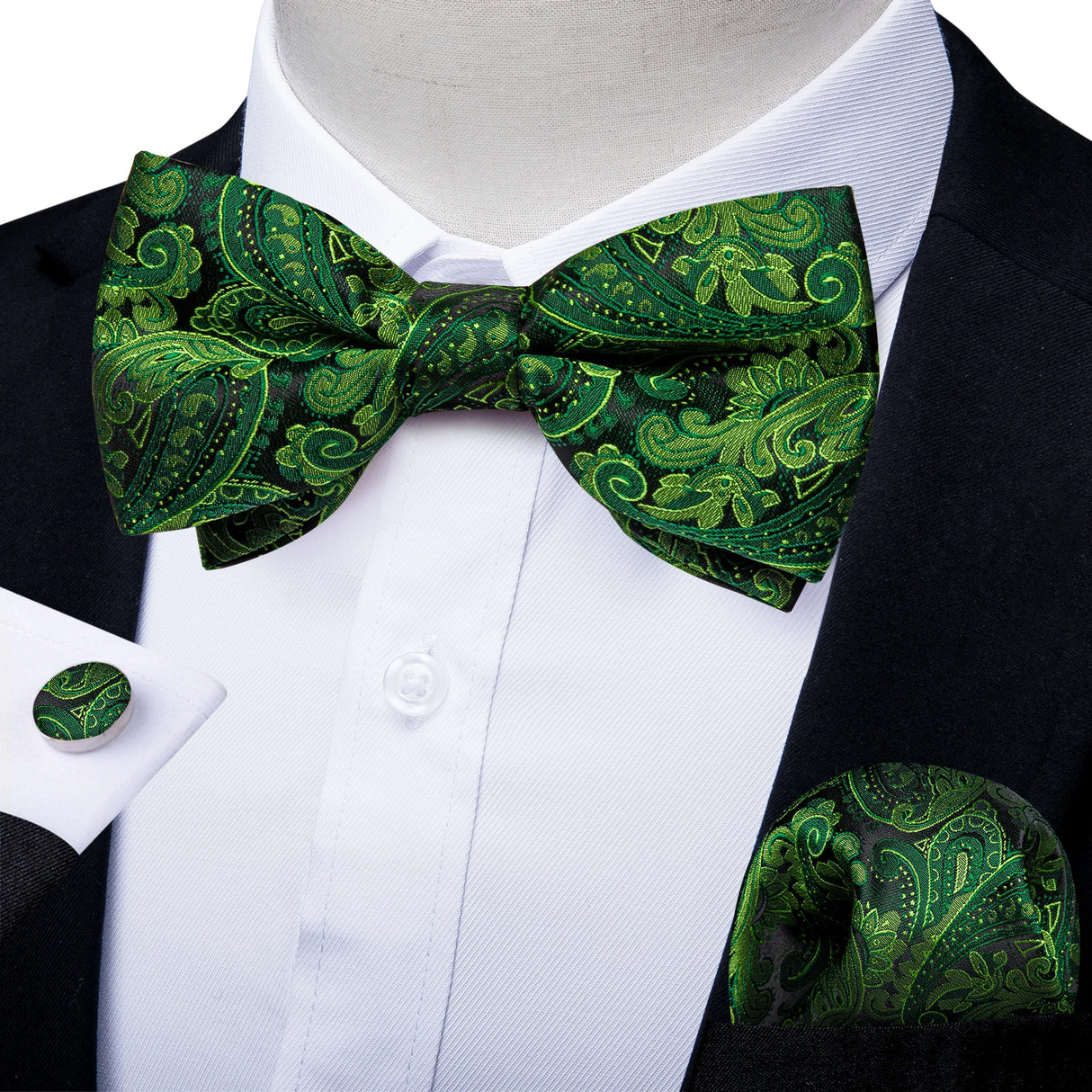 Classic Black Men Bow Ties 100% Silk Bowties Butterfly Pocket Square Cufflinks Set Suit Paisley Gold Pre-Tied Bow Tie DiBanGu