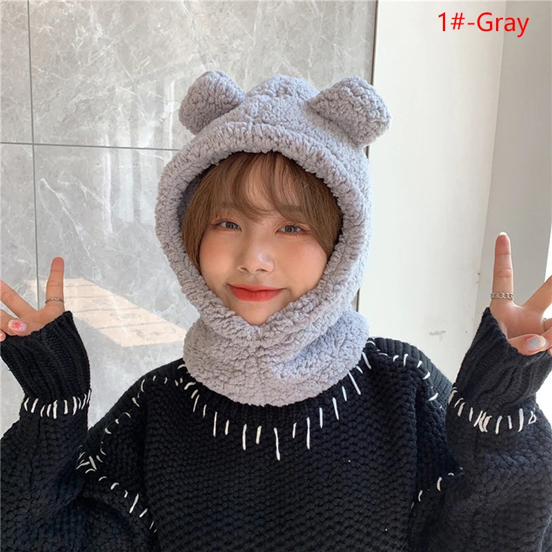 1Pc Cute Bear Ear Hat Scarf Gloves 3-in-1 Winter Warm Hedging Cap Women Windproof Plush Hat Scarf
