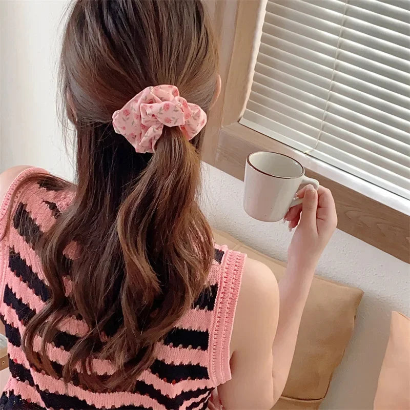 2 Pcs Korean Hair Accessories Women Small Fresh Fabric Flower Printing Elastics Hair Band Scrunchies Hair Tie Girl Ponytail Hold