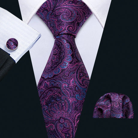 Barry.Wang Purple Lilac Lavender Silk Mens Tie Handkerchief Cufflink Set Jacquard Floral Necktie for Male Wedding Business Party