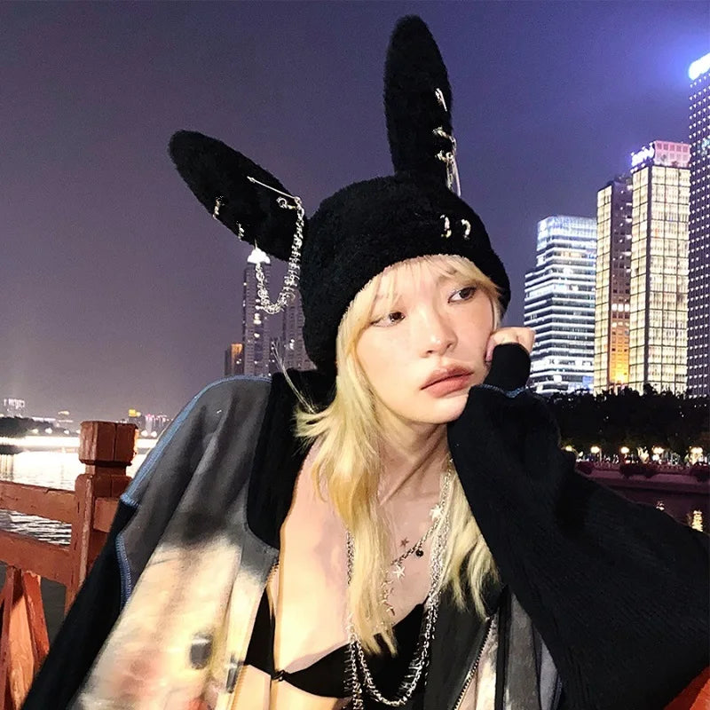 Gothic Grunge Rabbit Ear Hat Harajuku Y2k Punk Chain Pin Metal Ring Lambswool Black Hat Women Girls Winter Warm Chic Streetwear