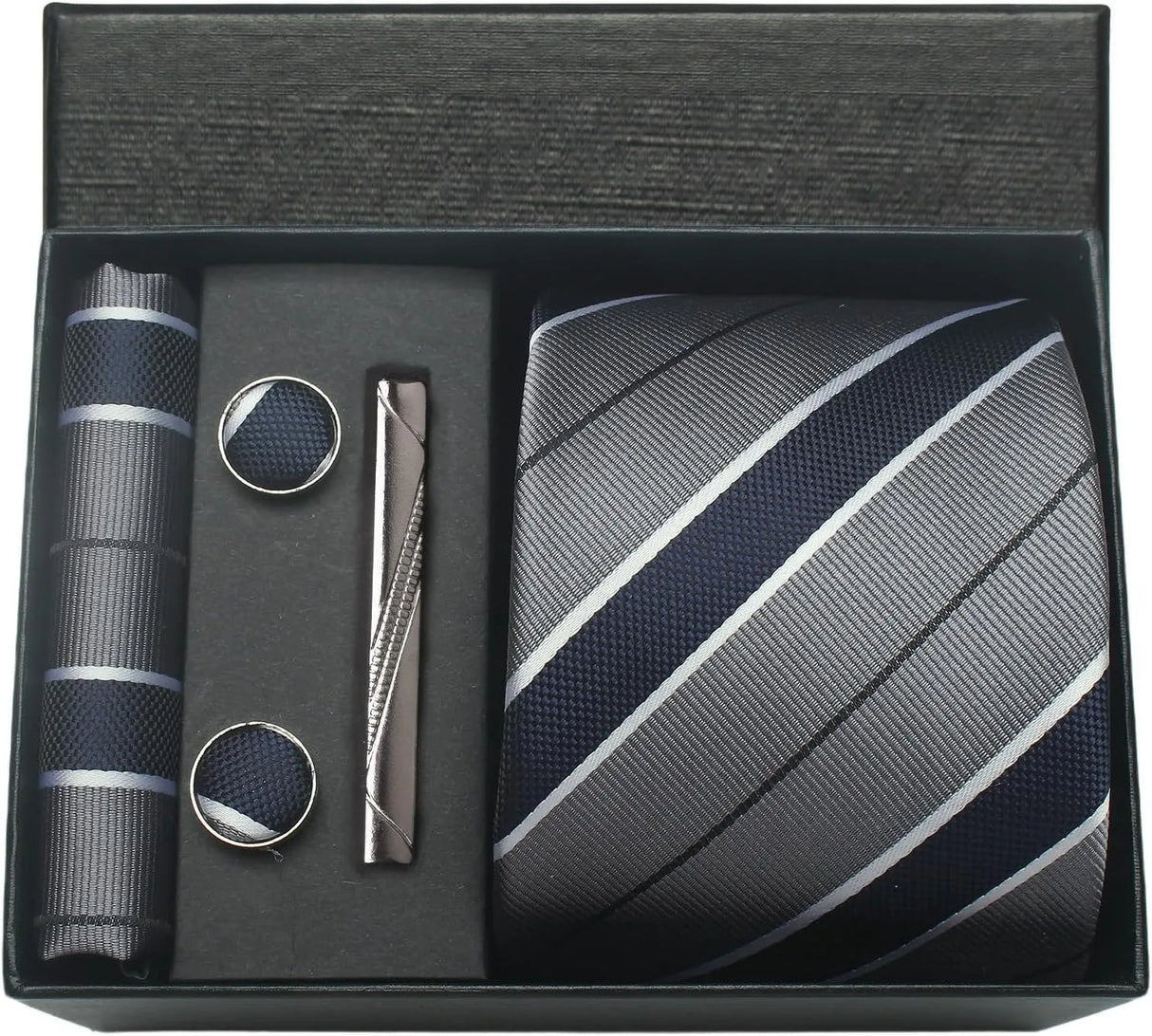 Classic 100% Silk Men's Ties In Gift box 8cm Plaid Dot Striped Business Necktie Handkerchief Cufflinks Wedding Party Tie Set