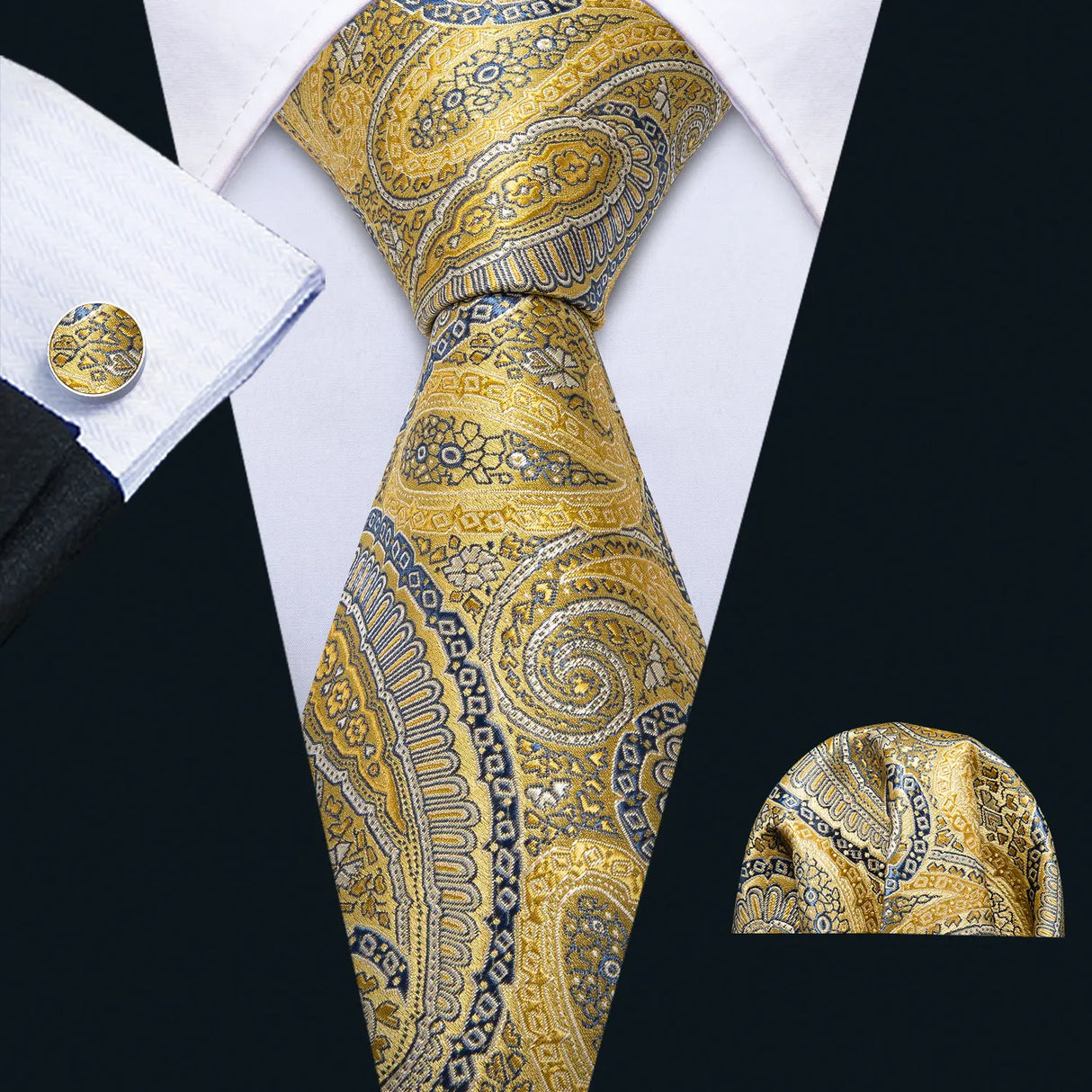 Classic Gold Silk Men Necktie Fashion Stripe High Quality Handkerchief Cufflinks Set Wedding Male Ties Business Party Barry.Wang