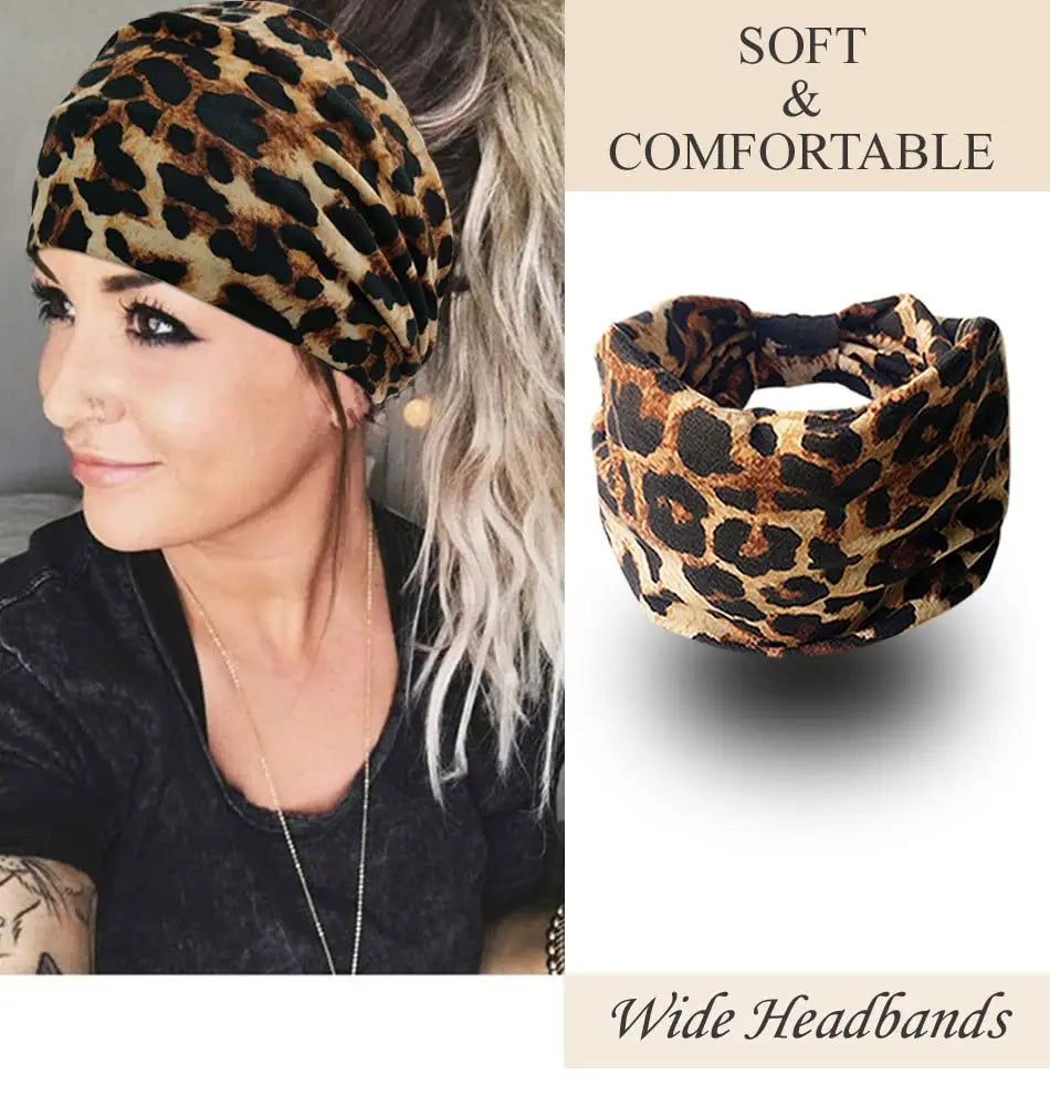 Leopard Print Headbands for Women Wide Boho Turban Head Wraps Cotton Knotted Elastic Hairbands Non Slip Workout Hair Accessories