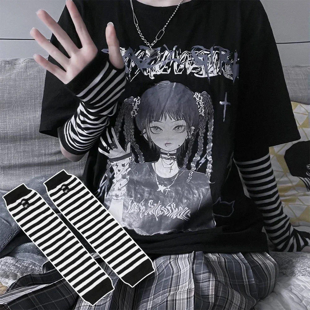 Y2K Gothic Lolita Gloves Arm Cover Harajuku Arm Warmers Black Grey Striped Fingerless Punk Long Wristband Metallic Unisex Gloves