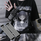 Y2K Gothic Lolita Gloves Arm Cover Harajuku Arm Warmers Black Grey Striped Fingerless Punk Long Wristband Metallic Unisex Gloves