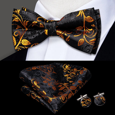 Hi-Tie Black White Silver Grey Brown Silk Mens Bow Tie Hankerchief Cufflinks Set Pre-tied Butterfly Knot Adjustable Bowtie Male