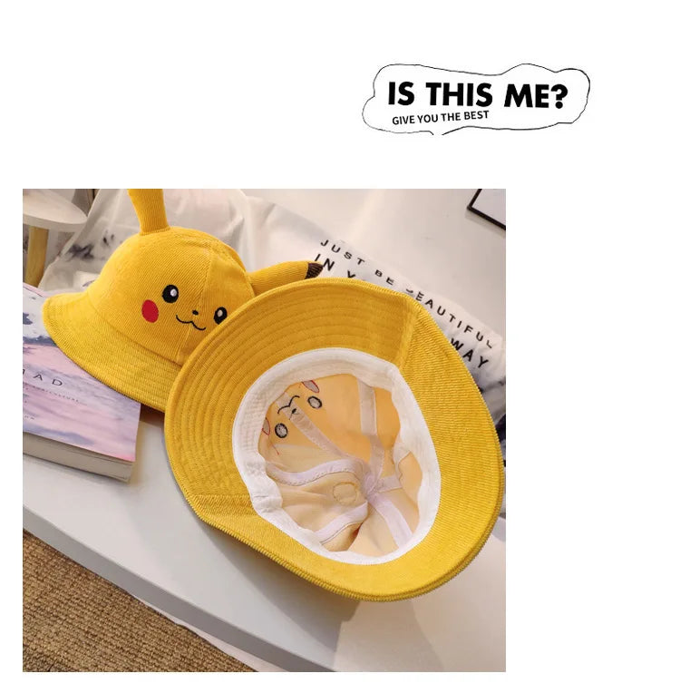 Anime Pika Bucket Hat Sun Hat with Ear Cute Cartoon Wide Brim Fisherman Beach Outdoor Baseball Hat Cap for Adult Kids Child