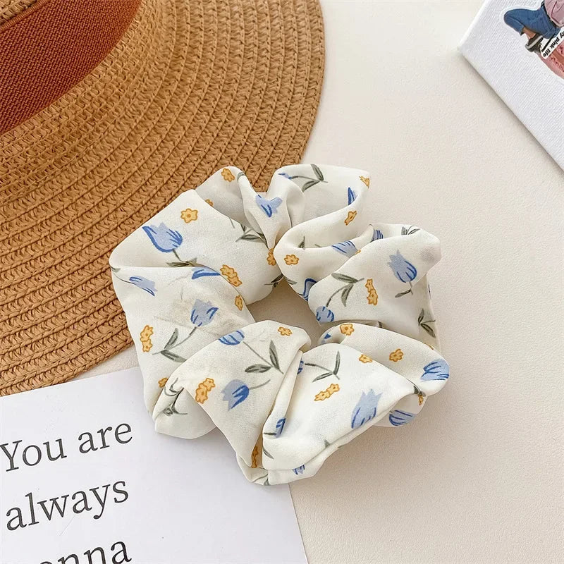 2 Pcs Korean Hair Accessories Women Small Fresh Fabric Flower Printing Elastics Hair Band Scrunchies Hair Tie Girl Ponytail Hold
