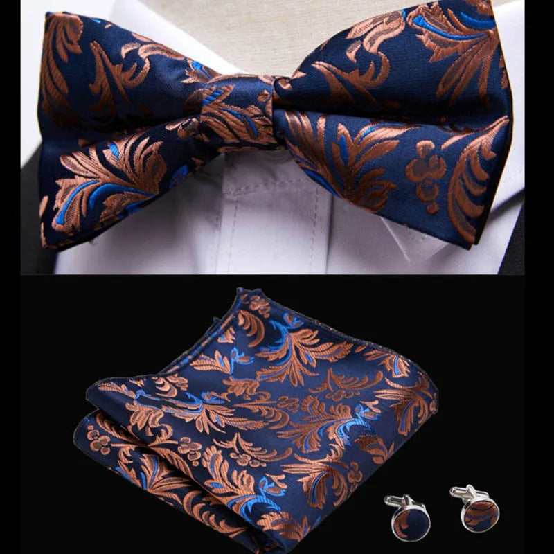 HUISHI Classic Blue Bowties For Men  Paisley Floral Bow Tie Pocket Square Cufflinks Suit Set Wedding Party Plaid Solid Butterfly