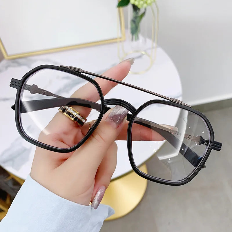 Blue Light Blocking Eye Protection Myopia Eyeglasses Fashion Double Beam Metal Glasses Women Trend Retro Plain Face Eyewear Men