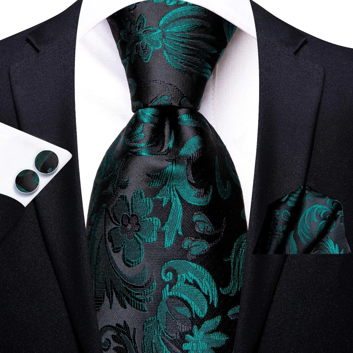 Hi-Tie Dark Green Floral Paisley Silk Wedding Tie For Men Handky Cufflink Gift Men Elegant Necktie Fashion Business Party