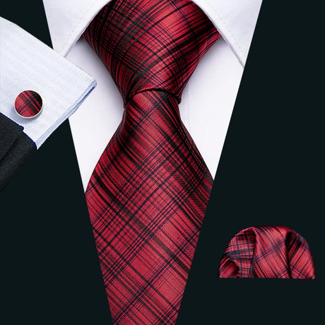 Red Silk Wedding Necktie Jacquard Woven Striped Ties For Men Tie Handkerchief Cufflink Set Barry.Wang Fashion Designer FA-5028